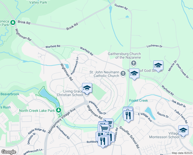 map of restaurants, bars, coffee shops, grocery stores, and more near 9271 Chadburn Place in Montgomery Village