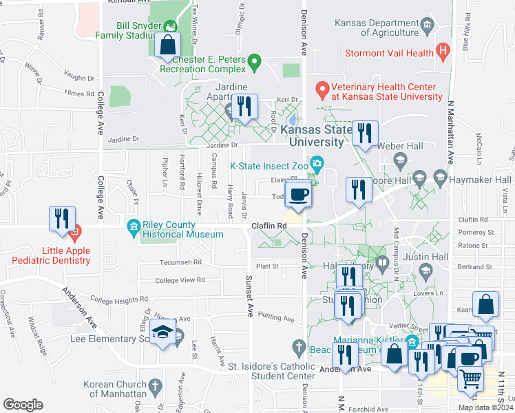 map of restaurants, bars, coffee shops, grocery stores, and more near 1851 Todd Road in Manhattan