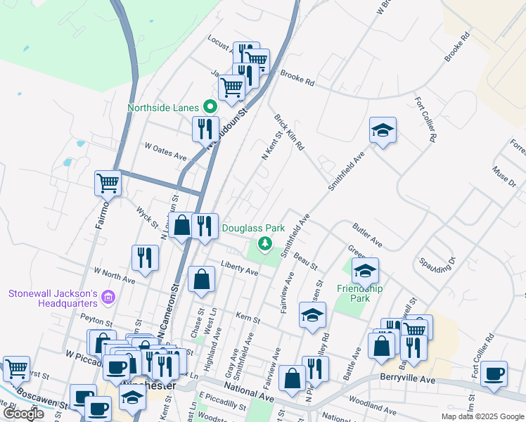 map of restaurants, bars, coffee shops, grocery stores, and more near 635 Watson Avenue in Winchester