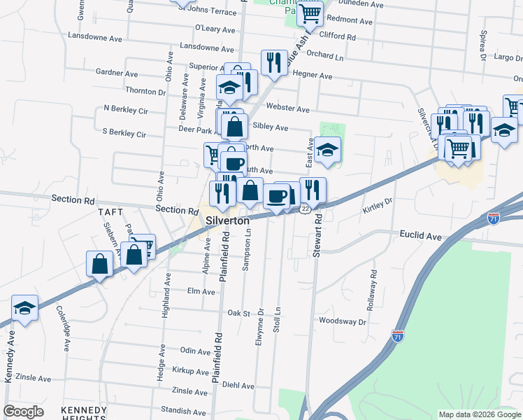 map of restaurants, bars, coffee shops, grocery stores, and more near 7335 Montgomery Road in Silverton