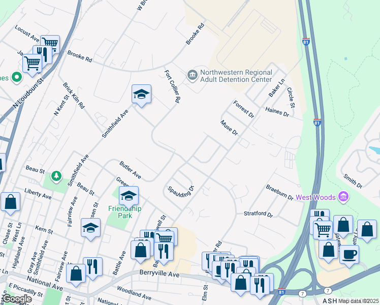 map of restaurants, bars, coffee shops, grocery stores, and more near 107 Longstreet Avenue in Winchester