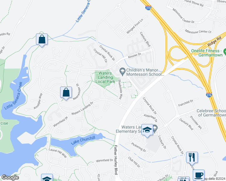 map of restaurants, bars, coffee shops, grocery stores, and more near 13301 Whitechurch Circle in Germantown