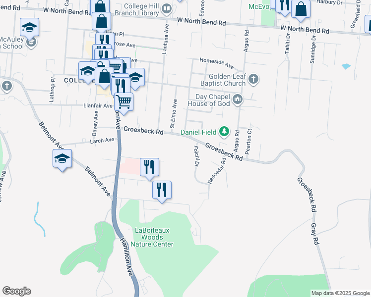 map of restaurants, bars, coffee shops, grocery stores, and more near 1203 Groesbeck Road in Cincinnati