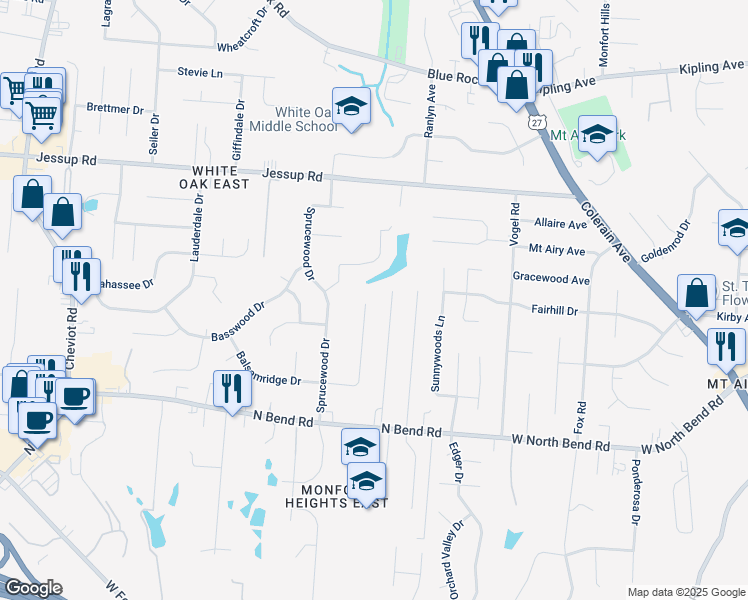 map of restaurants, bars, coffee shops, grocery stores, and more near 5636 Hickory Ridge Lane in Cincinnati