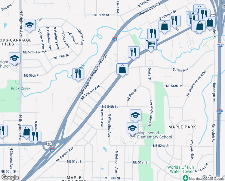 map of restaurants, bars, coffee shops, grocery stores, and more near 6121 Northeast Vivion Road in Kansas City