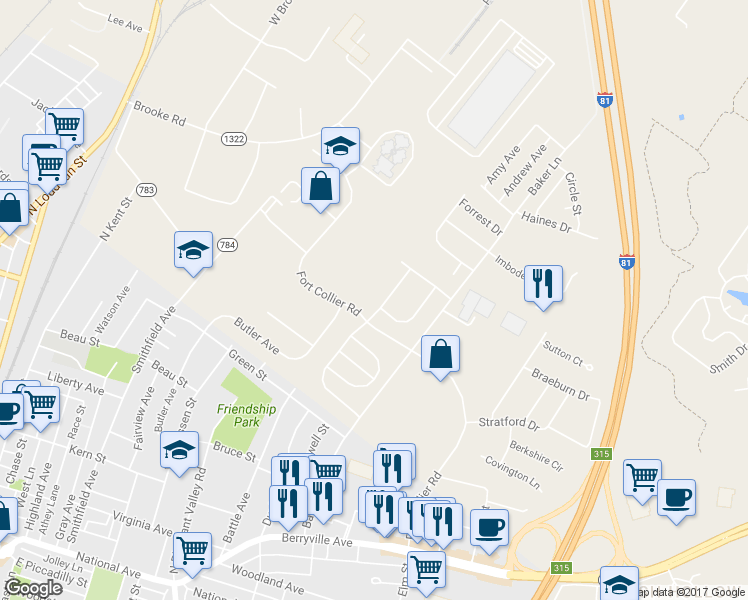 map of restaurants, bars, coffee shops, grocery stores, and more near 107 Longstreet Avenue in Winchester