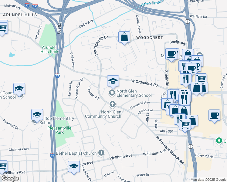 map of restaurants, bars, coffee shops, grocery stores, and more near 615 West Furnace Branch Road in Glen Burnie