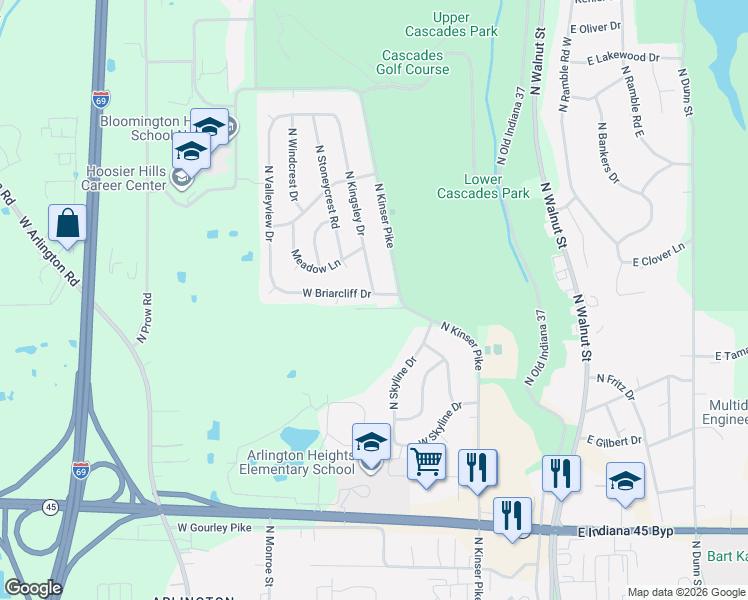 map of restaurants, bars, coffee shops, grocery stores, and more near 2915 North Kinser Pike in Bloomington