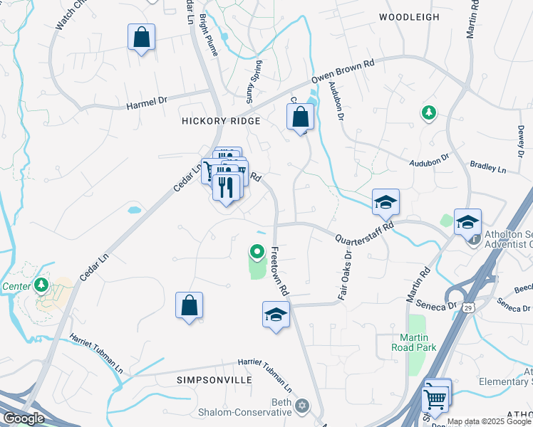 map of restaurants, bars, coffee shops, grocery stores, and more near 6500 Freetown Road in Columbia