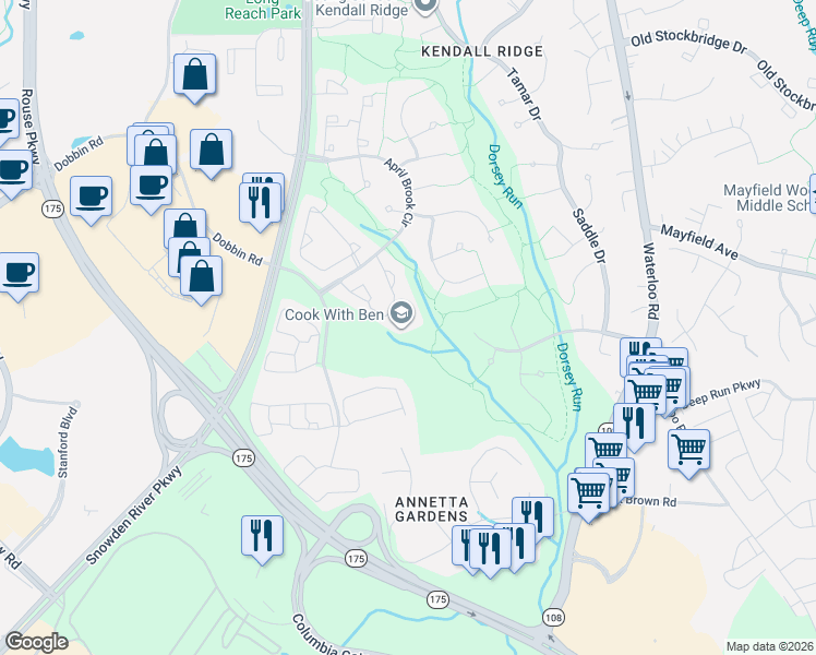 map of restaurants, bars, coffee shops, grocery stores, and more near 6412 Wind Rider Way in Columbia