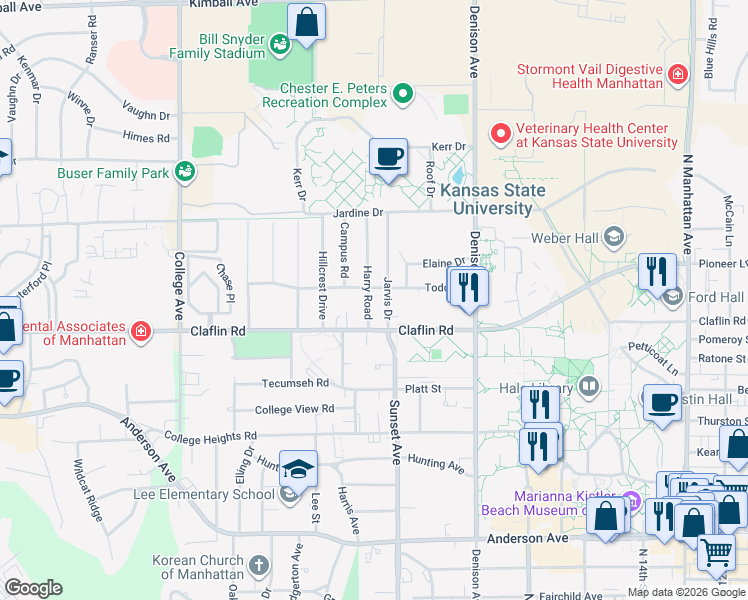 map of restaurants, bars, coffee shops, grocery stores, and more near 1409 Jarvis Drive in Manhattan