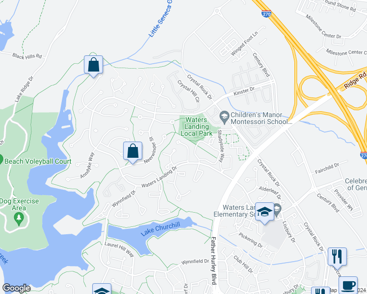 map of restaurants, bars, coffee shops, grocery stores, and more near 20536 Lowfield Drive in Germantown
