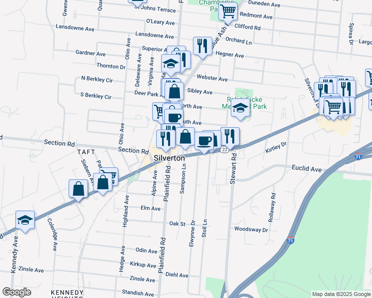 map of restaurants, bars, coffee shops, grocery stores, and more near 7335 Montgomery Road in Silverton
