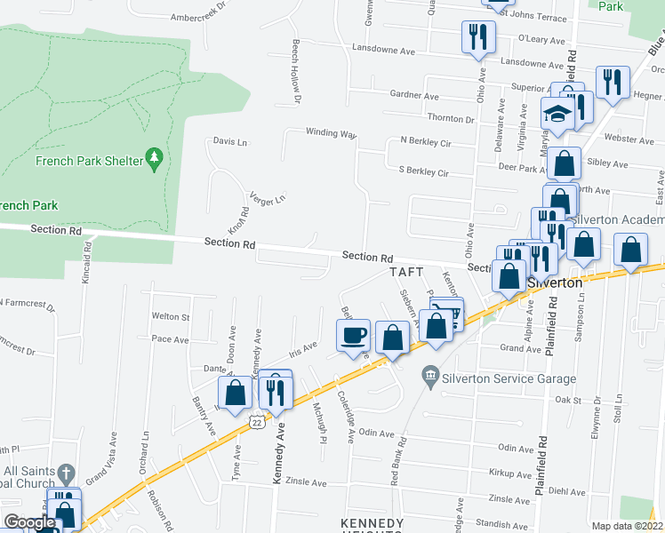 map of restaurants, bars, coffee shops, grocery stores, and more near 3581 Amberacres Drive in Cincinnati