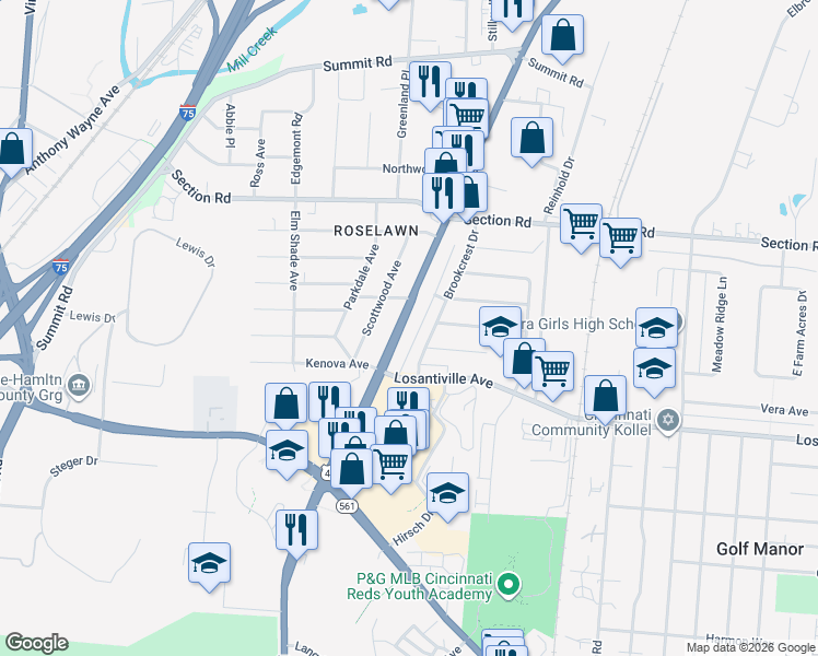 map of restaurants, bars, coffee shops, grocery stores, and more near 7224 Reading Road in Cincinnati