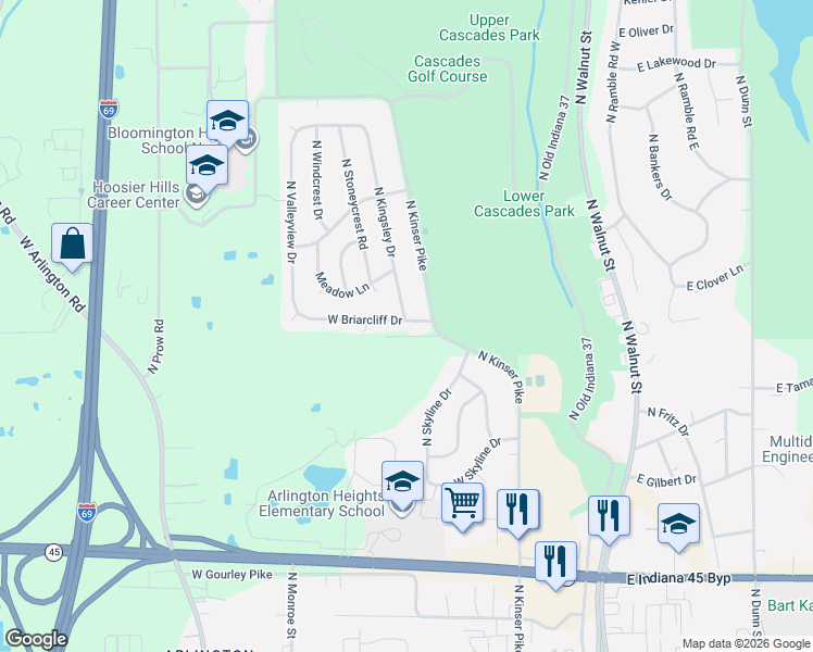 map of restaurants, bars, coffee shops, grocery stores, and more near 2915 North Kinser Pike in Bloomington