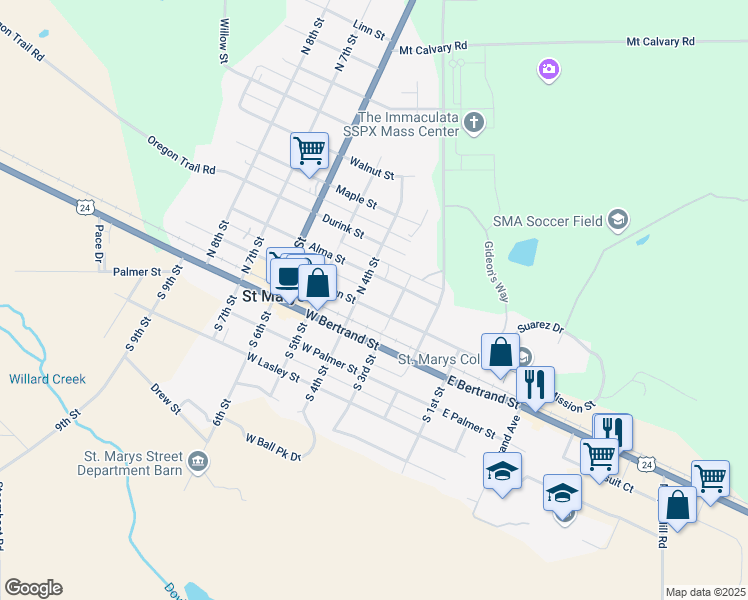 map of restaurants, bars, coffee shops, grocery stores, and more near 143-199 North 4th Street in Saint Marys
