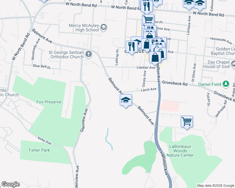 map of restaurants, bars, coffee shops, grocery stores, and more near 5691 Belmont Avenue in Cincinnati