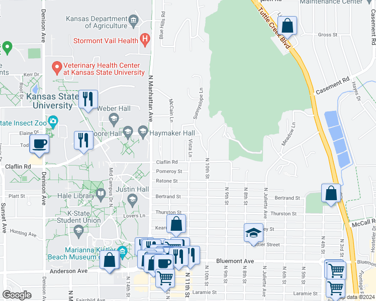 map of restaurants, bars, coffee shops, grocery stores, and more near 1411 Vista Lane in Manhattan