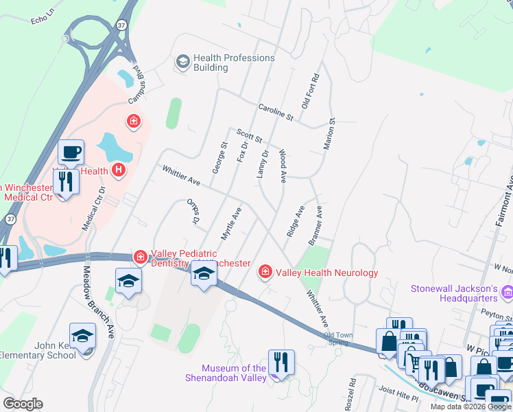 map of restaurants, bars, coffee shops, grocery stores, and more near 233 Allison Avenue in Winchester