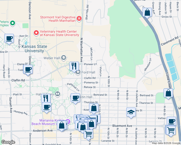 map of restaurants, bars, coffee shops, grocery stores, and more near 1433 McCain Lane in Manhattan
