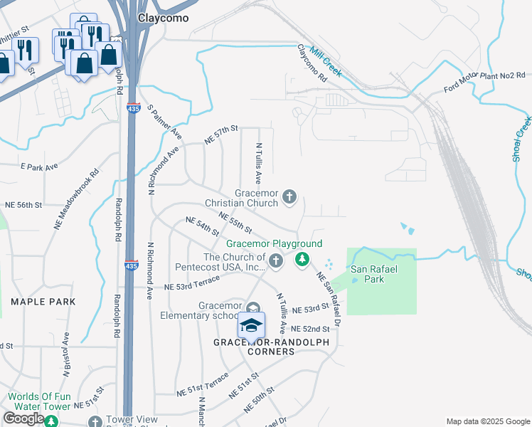 map of restaurants, bars, coffee shops, grocery stores, and more near 7929 Northeast 56th Street in Kansas City