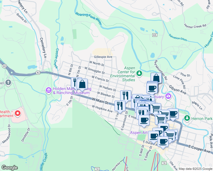map of restaurants, bars, coffee shops, grocery stores, and more near 309 North 3rd Street in Aspen