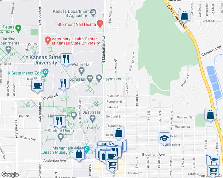 map of restaurants, bars, coffee shops, grocery stores, and more near 1414 Legore Lane in Manhattan