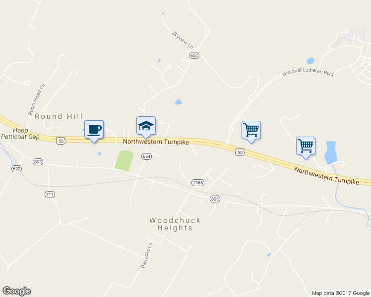 map of restaurants, bars, coffee shops, grocery stores, and more near 2727 Northwestern Pike in Winchester