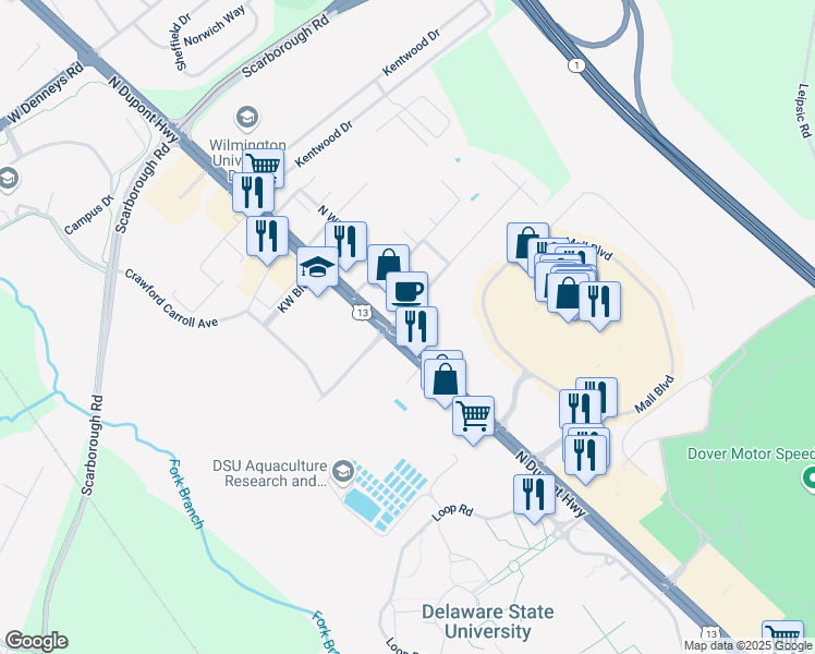 map of restaurants, bars, coffee shops, grocery stores, and more near 1441 North Dupont Highway in Dover