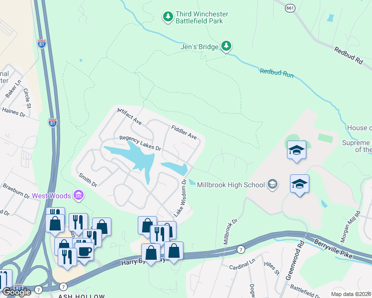 map of restaurants, bars, coffee shops, grocery stores, and more near 101 Fiddler Avenue in Winchester