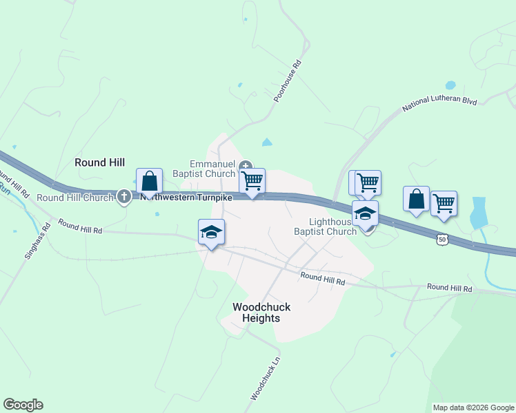 map of restaurants, bars, coffee shops, grocery stores, and more near 162 Poorhouse Road in Winchester