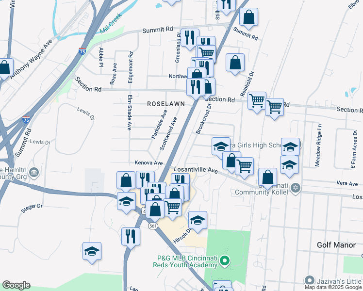 map of restaurants, bars, coffee shops, grocery stores, and more near 7224 Reading Road in Cincinnati