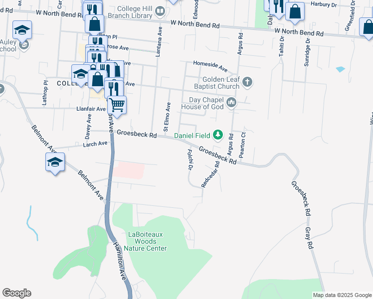 map of restaurants, bars, coffee shops, grocery stores, and more near 1203 Groesbeck Road in Cincinnati