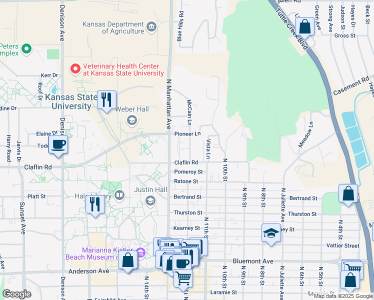 map of restaurants, bars, coffee shops, grocery stores, and more near 1433 McCain Lane in Manhattan