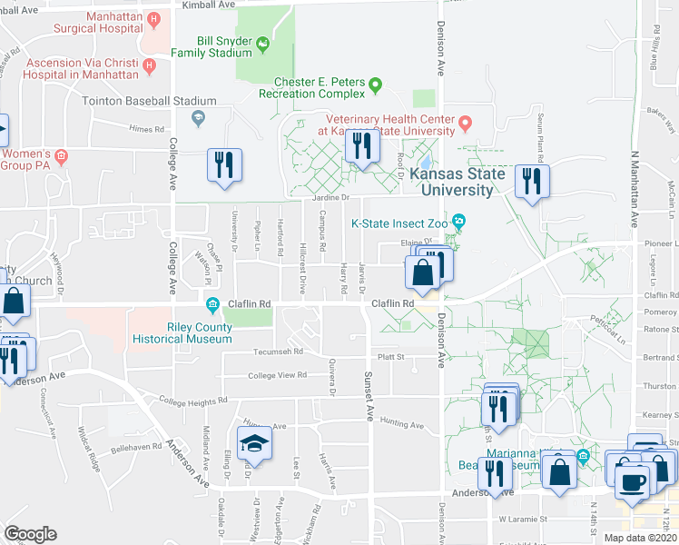 map of restaurants, bars, coffee shops, grocery stores, and more near 1408 Claflin Circle in Manhattan