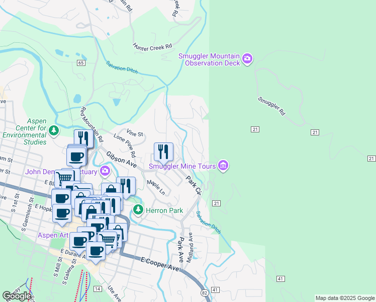 map of restaurants, bars, coffee shops, grocery stores, and more near 227 Free Silver Ct in Aspen