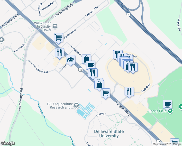 map of restaurants, bars, coffee shops, grocery stores, and more near 1481 North Dupont Highway in Dover