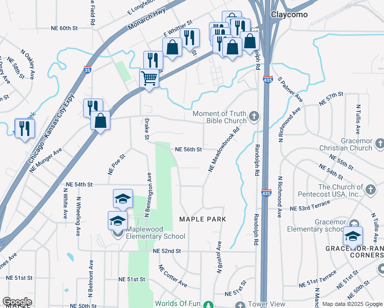 map of restaurants, bars, coffee shops, grocery stores, and more near 6930 Northeast 55th Street in Kansas City