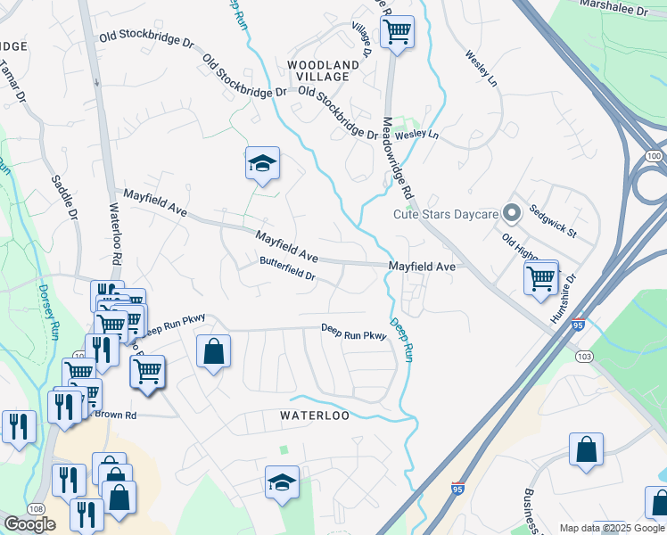 map of restaurants, bars, coffee shops, grocery stores, and more near 7855 Mayfield Avenue in Elkridge