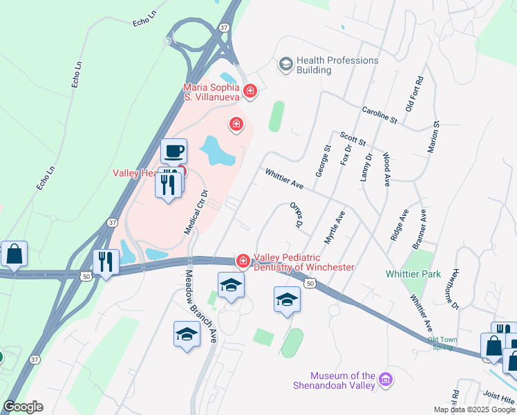 map of restaurants, bars, coffee shops, grocery stores, and more near 212 Linden Drive in Winchester