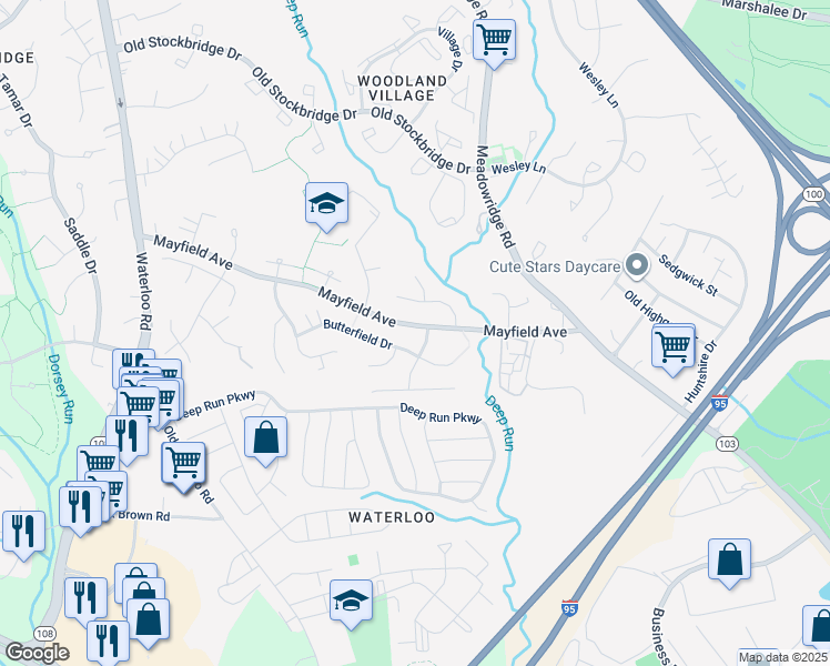 map of restaurants, bars, coffee shops, grocery stores, and more near 7855 Mayfield Avenue in Elkridge