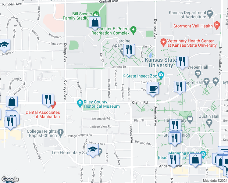 map of restaurants, bars, coffee shops, grocery stores, and more near 2025 Todd Road in Manhattan