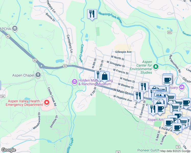 map of restaurants, bars, coffee shops, grocery stores, and more near 814 West Main Street in Aspen