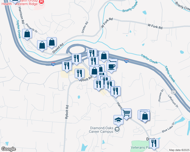 map of restaurants, bars, coffee shops, grocery stores, and more near 6580 Harrison Avenue in Cincinnati