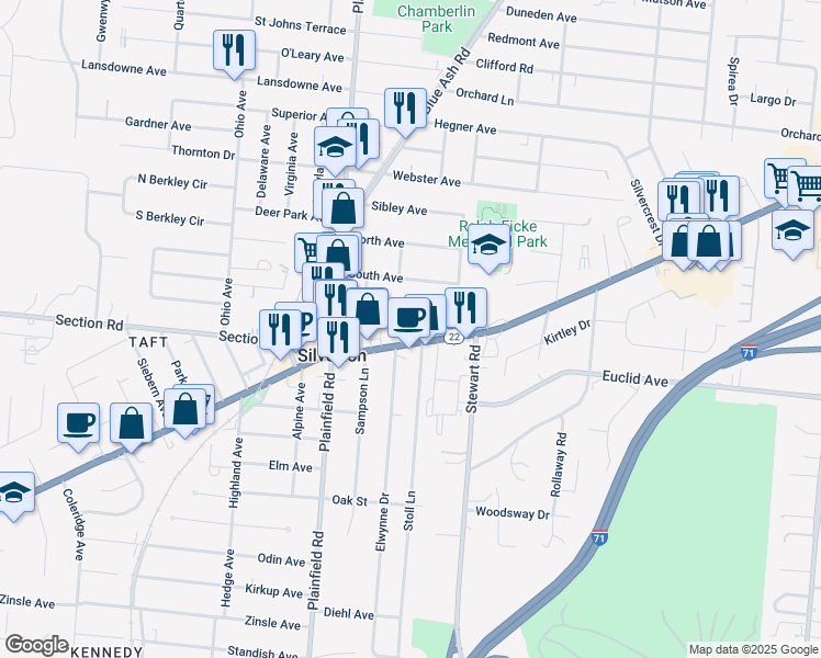 map of restaurants, bars, coffee shops, grocery stores, and more near 7414 Montgomery Road in Silverton