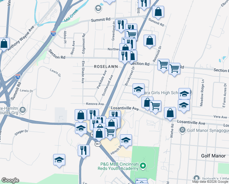 map of restaurants, bars, coffee shops, grocery stores, and more near 7224 Reading Road in Cincinnati