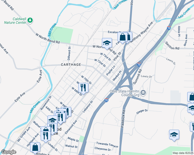 map of restaurants, bars, coffee shops, grocery stores, and more near 7020 Vine Street in Cincinnati