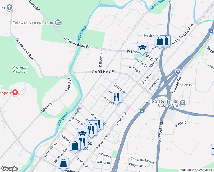 map of restaurants, bars, coffee shops, grocery stores, and more near 127 West 69th Street in Cincinnati