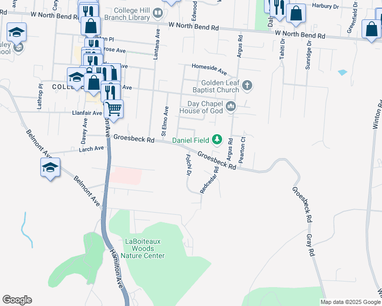 map of restaurants, bars, coffee shops, grocery stores, and more near 5694 Folchi Drive in Cincinnati